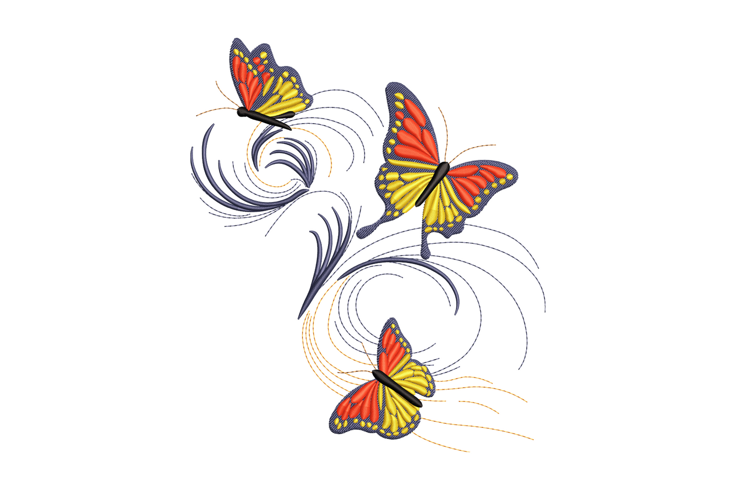 Butterfly swirl embroidery with three red and yellow butterflies trailing navy blue and orange swirl motion lines, decorative spring motif