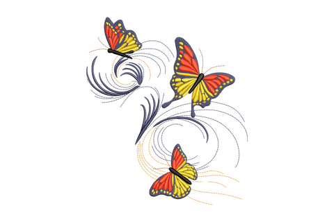 Butterfly swirl embroidery with three red and yellow butterflies trailing navy blue and orange swirl motion lines, decorative spring motif