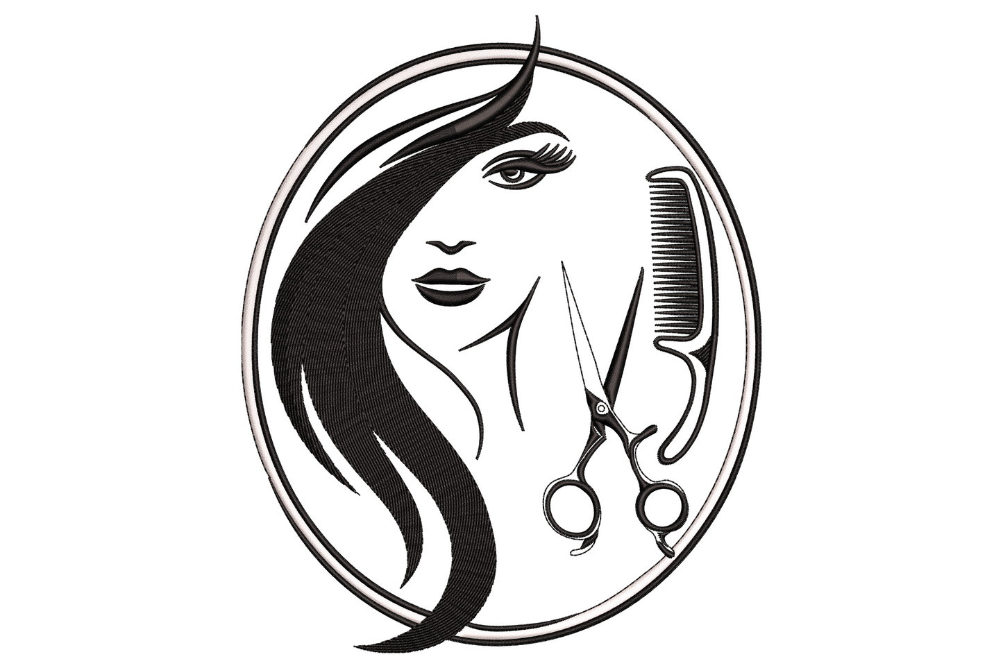 Beauty salon lady face embroidery, side profile with bold lashes, arched brow, full lips and updo in black line-art.