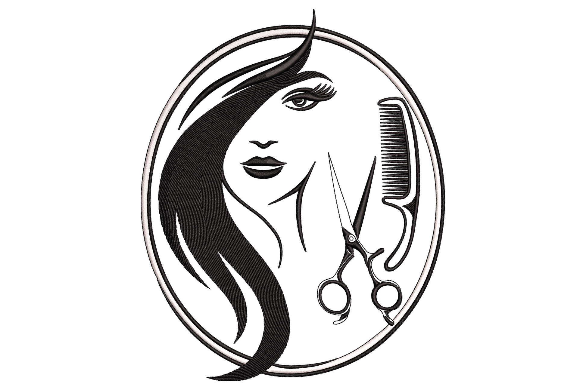 Beauty salon lady face embroidery, side profile with bold lashes, arched brow, full lips and updo in black line-art.
