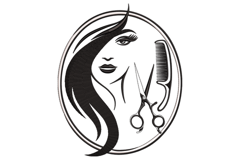 Beauty salon lady face embroidery, side profile with bold lashes, arched brow, full lips and updo in black line-art.