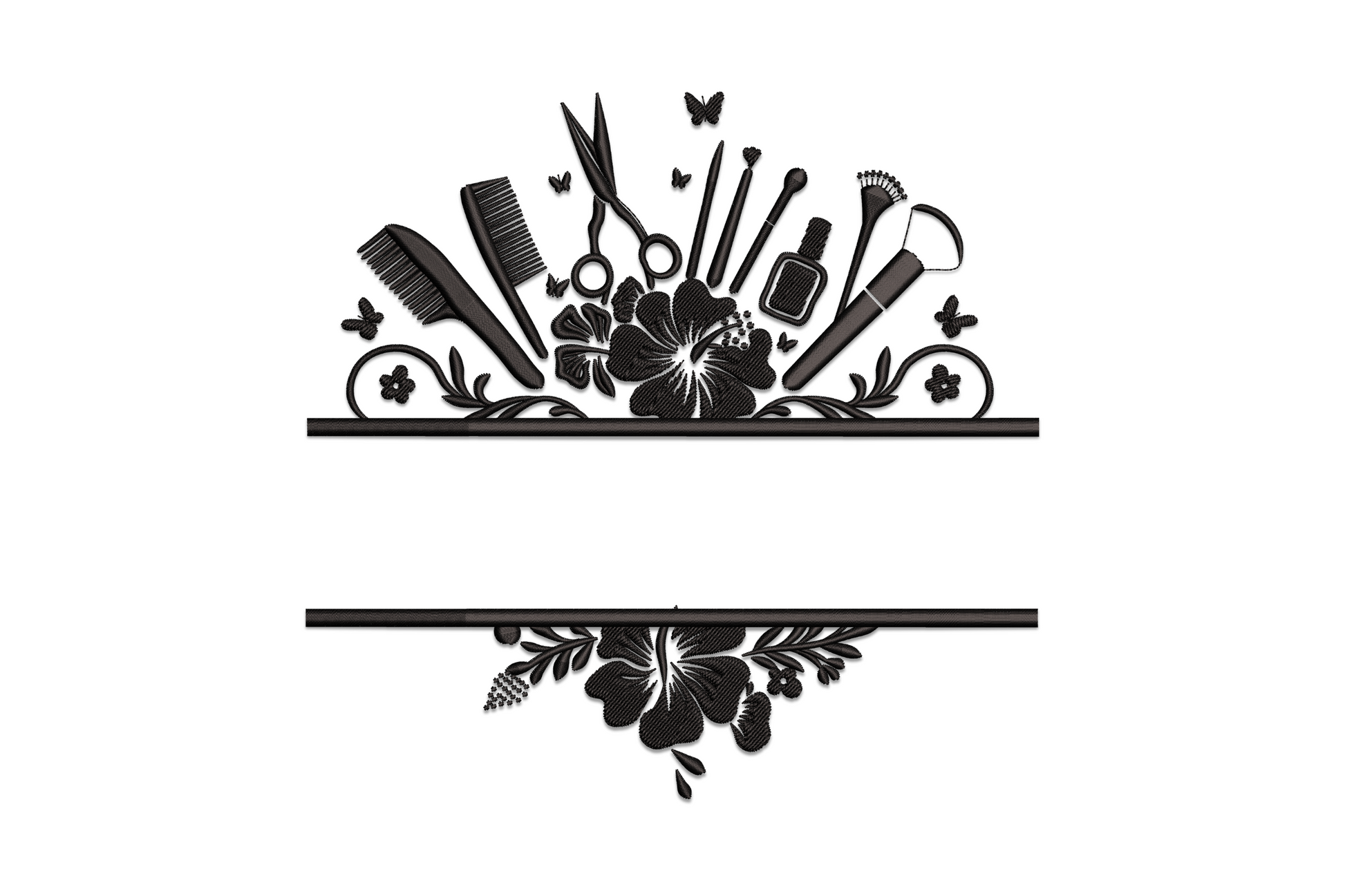 Beauty salon tools frame embroidery design, fan arch of scissors combs and flowers in black satin, machine embroidery.