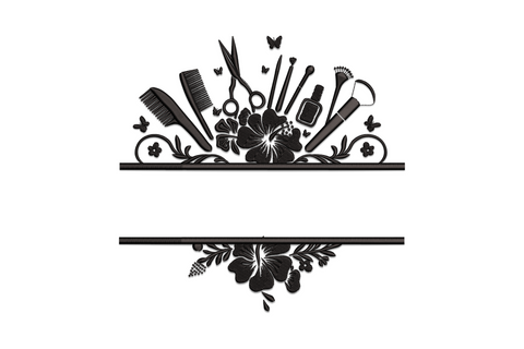 Beauty salon tools frame embroidery design, fan arch of scissors combs and flowers in black satin, machine embroidery.