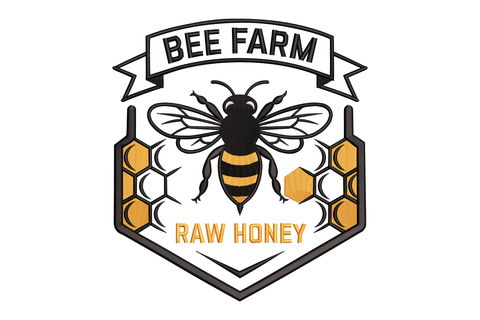 Logo of a bee farm with a bee and honeycomb design on a white background