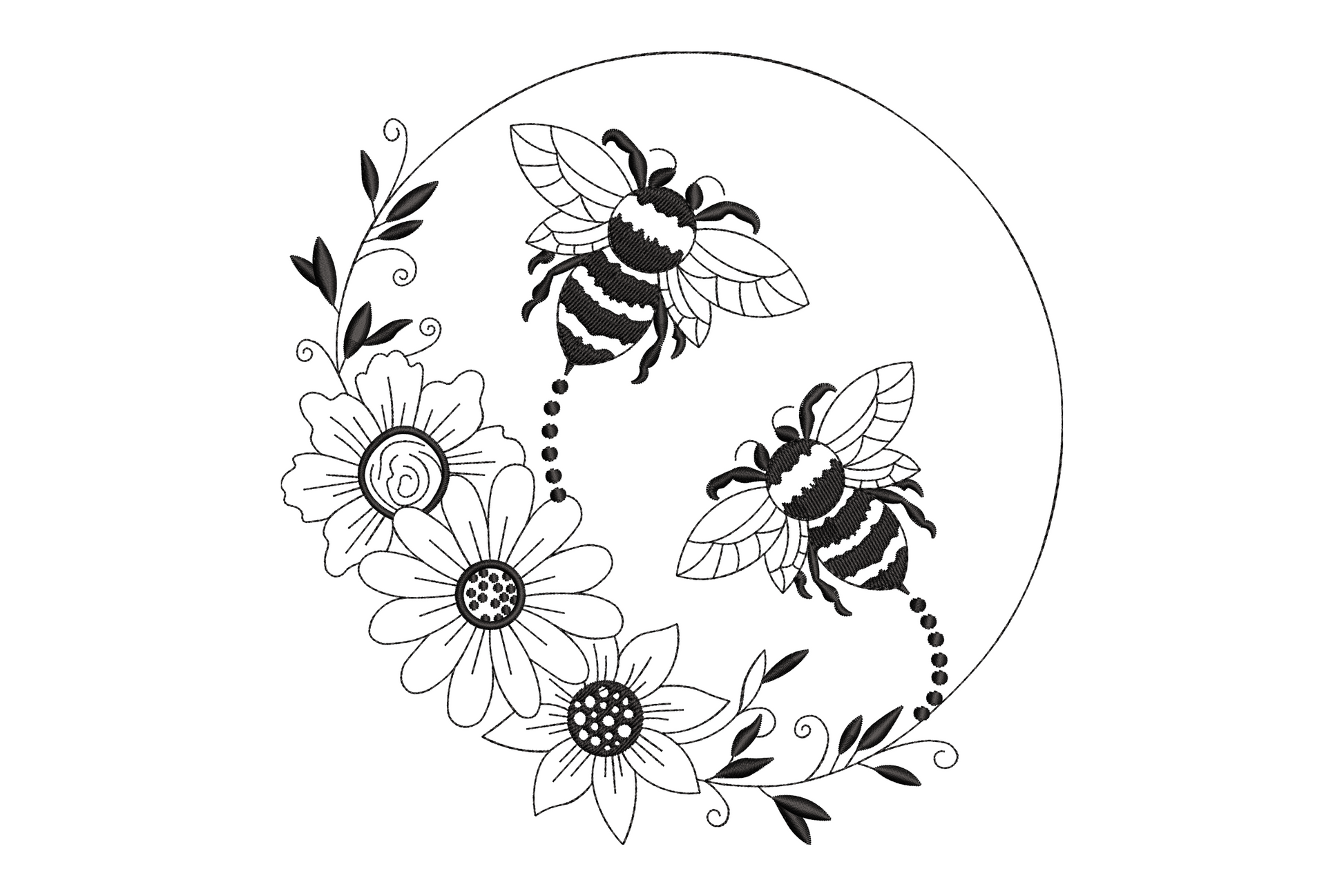 Bee floral circle embroidery in single black thread, two bumblebees in flight framed by daisies, sunflowers and curling vine detail.