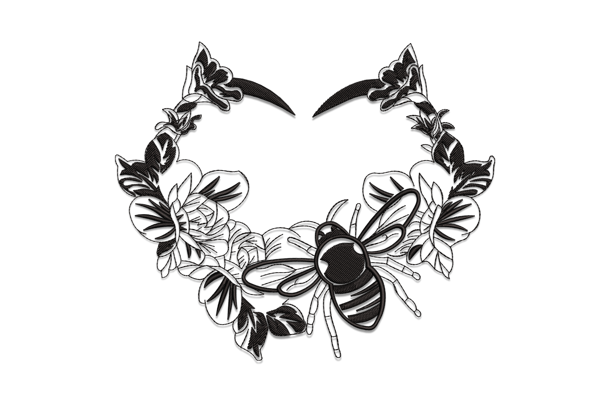 Bee floral frame embroidery design in black with a honeybee at the centre base of a heart-shaped garland of open roses and large leaves with crescent accents at the top.