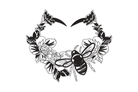 Bee floral frame embroidery design in black with a honeybee at the centre base of a heart-shaped garland of open roses and large leaves with crescent accents at the top.