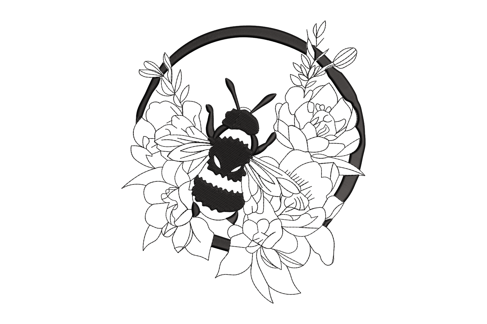 Bee floral wreath embroidery design with bold satin ring border and open roses with bee inside in black thread