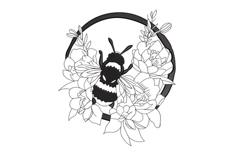 Bee floral wreath embroidery design with bold satin ring border and open roses with bee inside in black thread