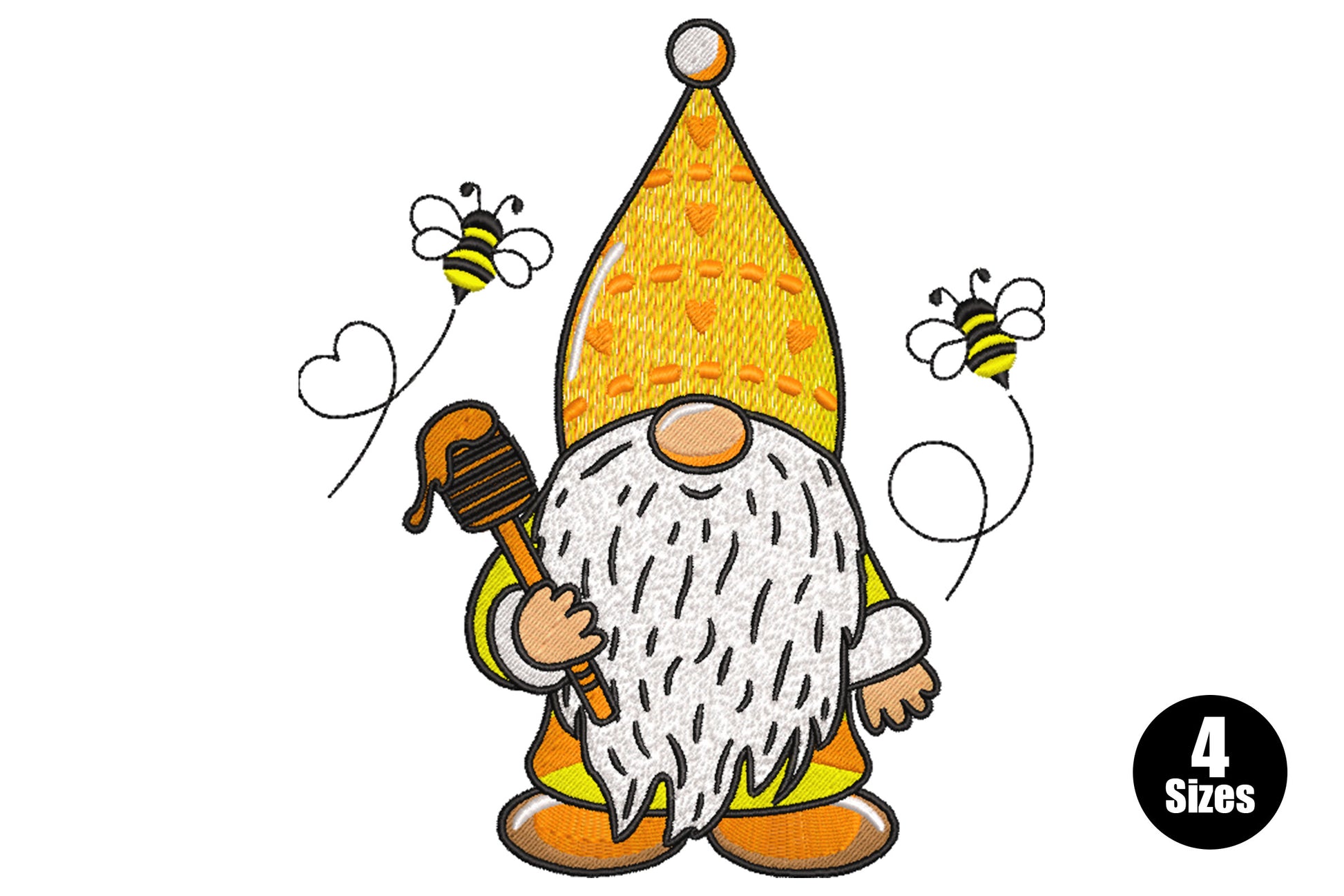 Bee gnome embroidery design, chubby gnome in a tall yellow hat holding a honey dipper with two cartoon bees on either side.