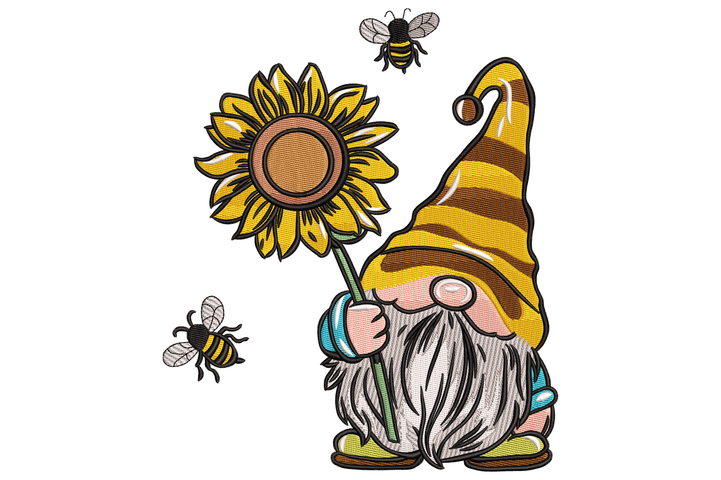 Bee gnome with sunflower embroidery design featuring a gnome holding a sunflower with two honey bees flying around him