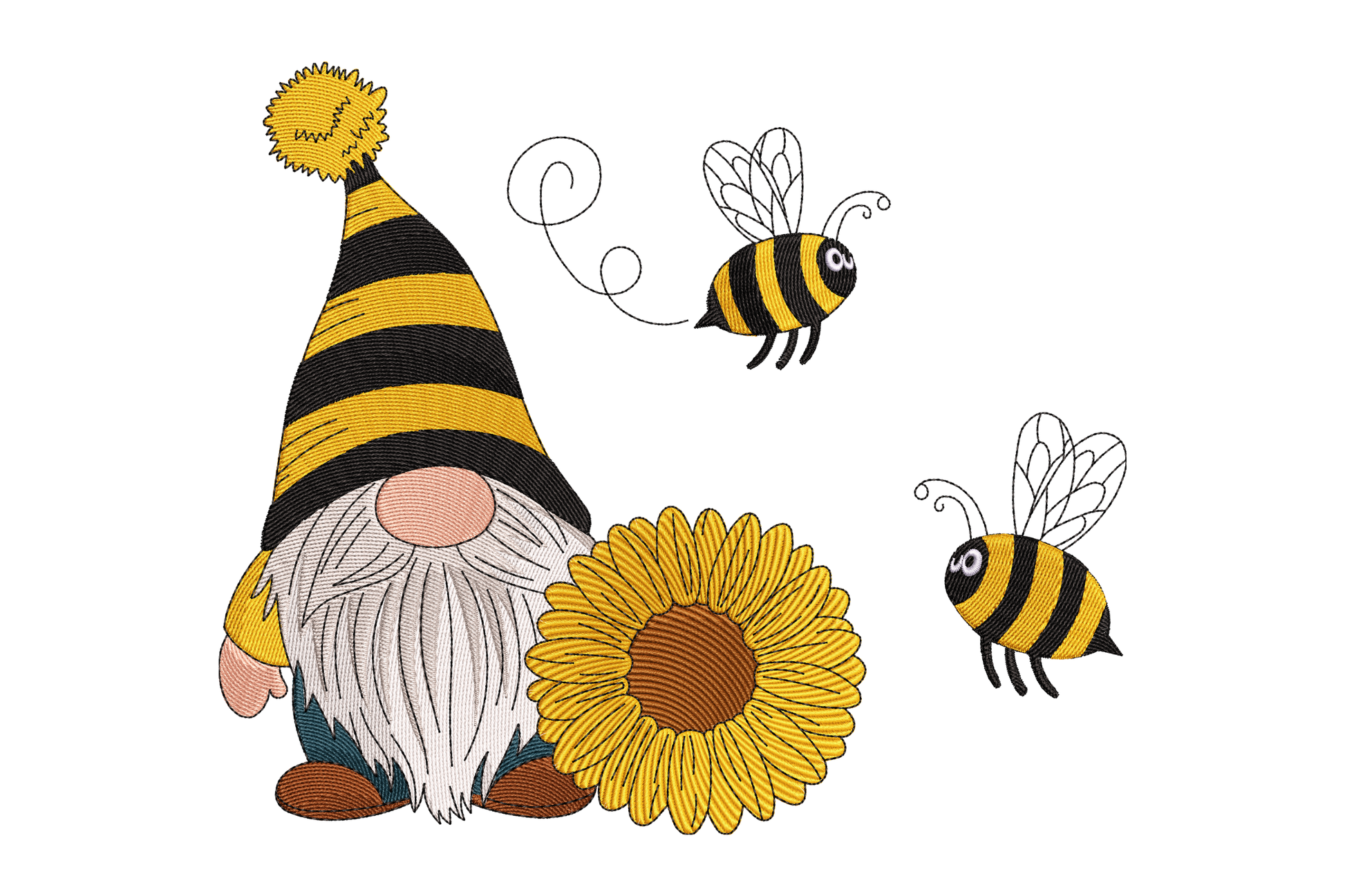 Gnome with a sunflower, two bees, and a striped hat on a white background
