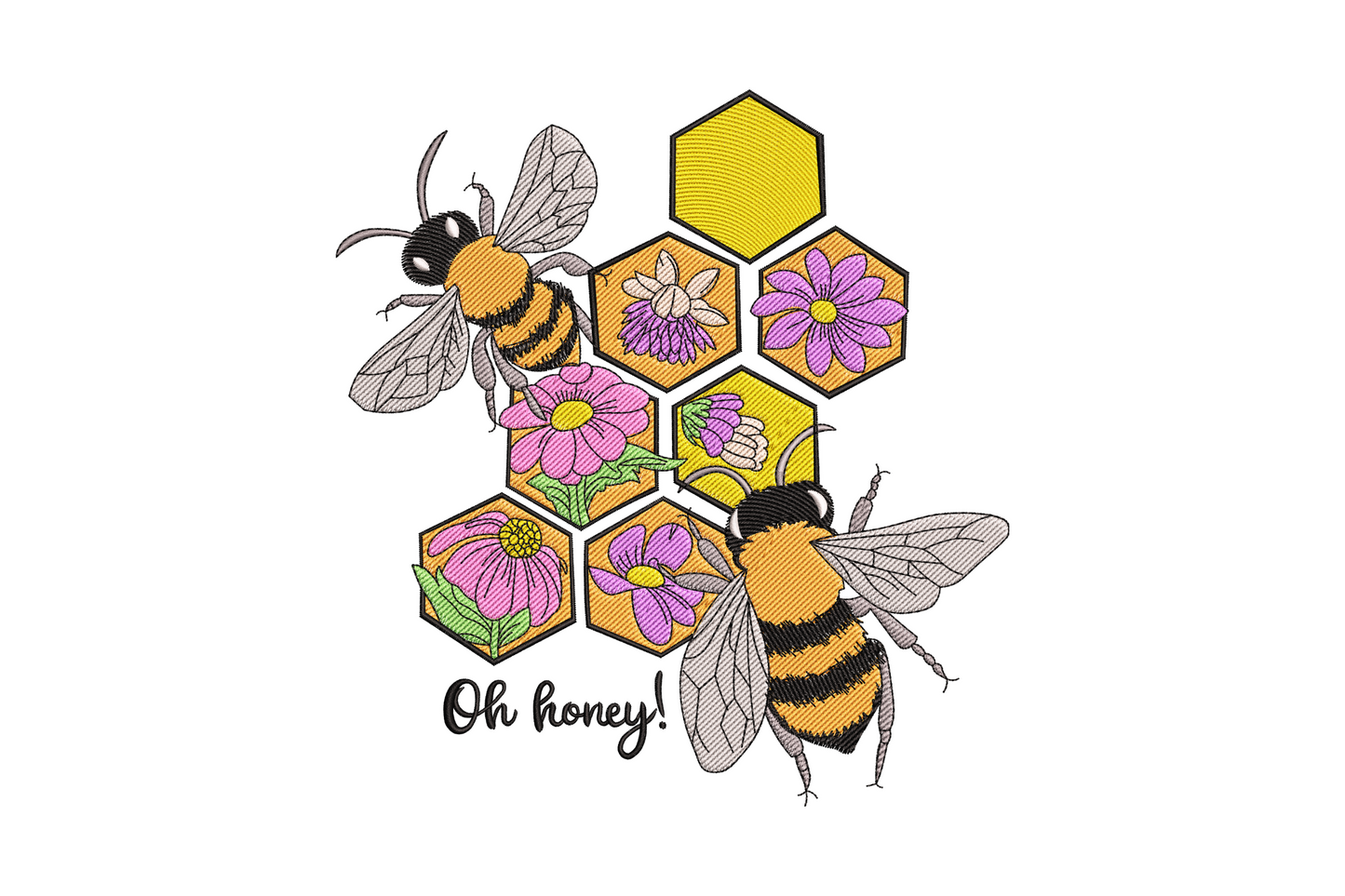 Bee honeycomb floral embroidery, 10 colours, honeybee on hex cells with spring blooms in golden yellow and pink