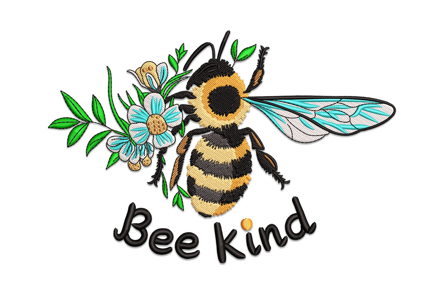 Bee Kind floral embroidery design with illustrated bee, hand lettered text and daisy accents in 8 colour folk art style