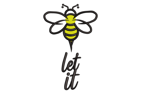 Bee let it embroidery design, striped bee above hand-lettered brush script text, yellow and black, 2 colors, 9 sizes