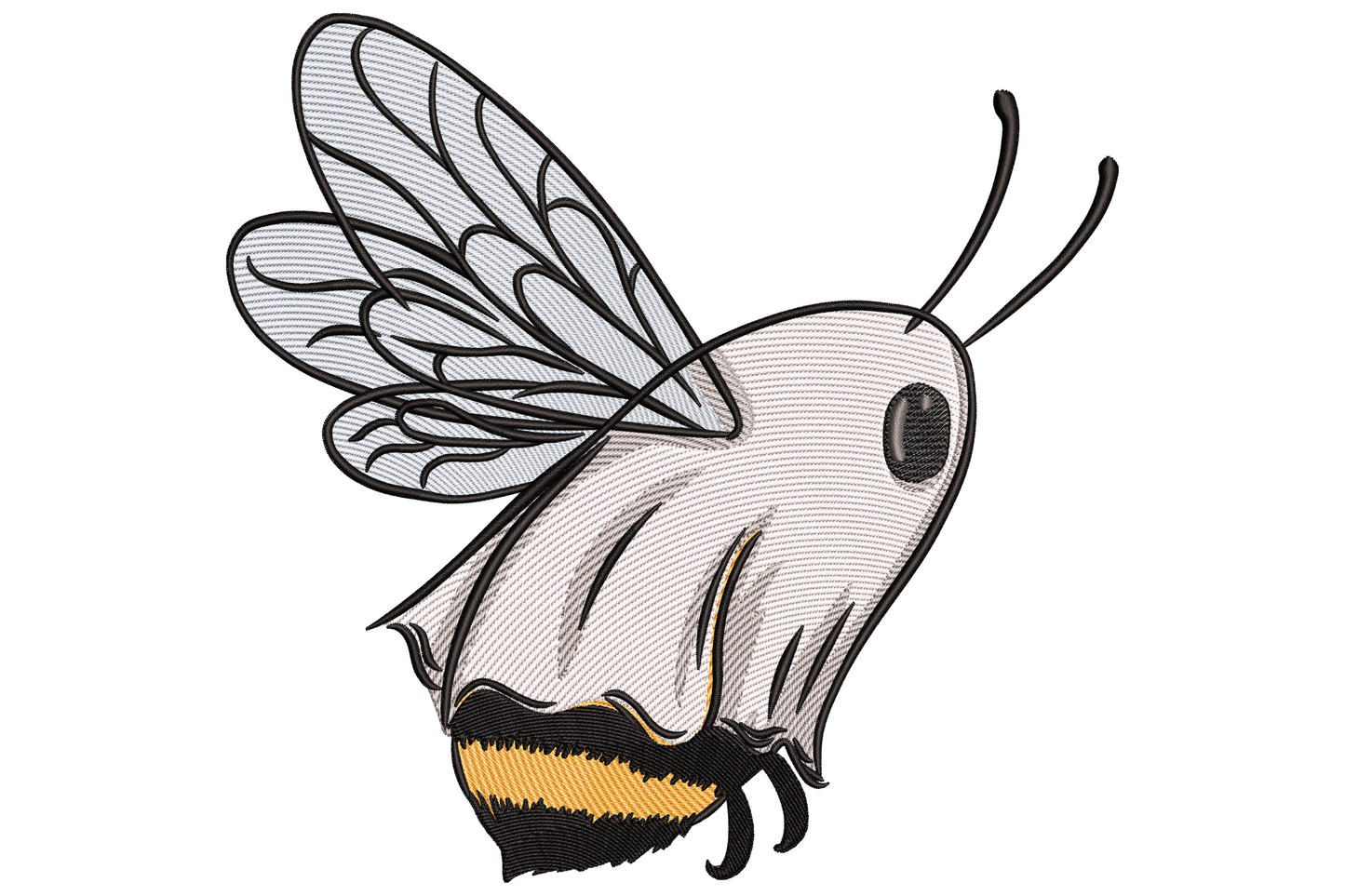 Fantasy bee moth hybrid embroidery design with pale blue veined wings, cream body and amber black striped abdomen, 7.32 inch max size.
