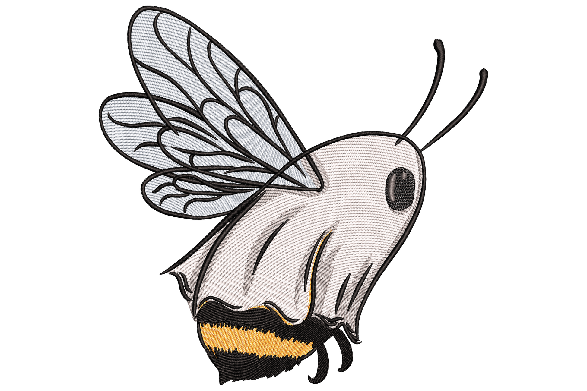 Fantasy bee moth hybrid embroidery design with pale blue veined wings, cream body and amber black striped abdomen, 7.32 inch max size.