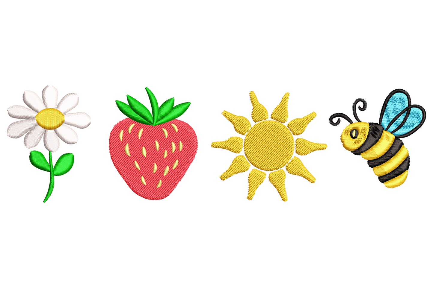 Summer border embroidery design, row of white daisy, red strawberry, golden sun and yellow-black bee with sky blue wings on shared baseline.