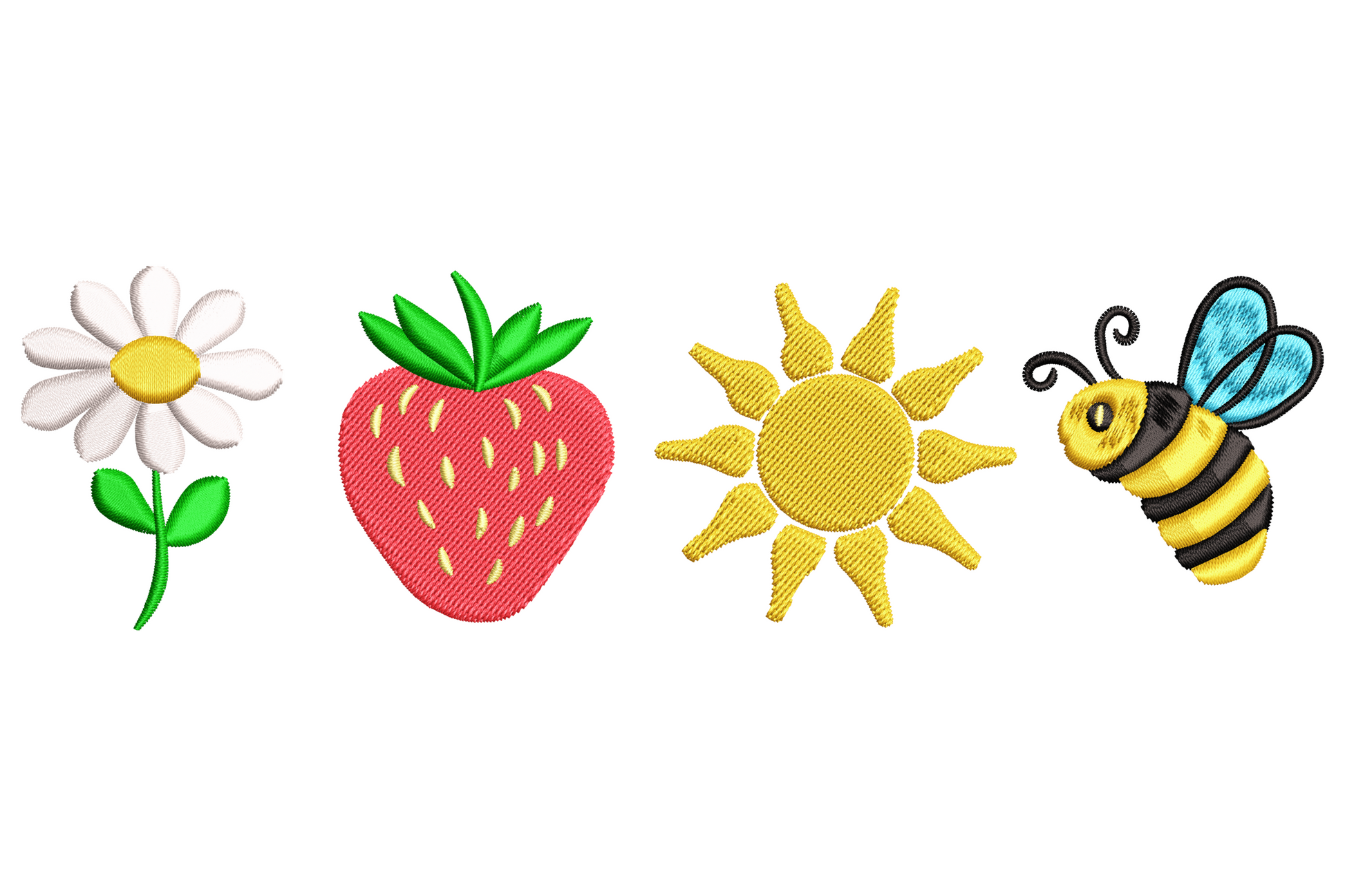 Summer border embroidery design, row of white daisy, red strawberry, golden sun and yellow-black bee with sky blue wings on shared baseline.