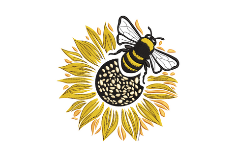 Bee and sunflower embroidery design, bumblebee on sunflower in amber and black, machine embroidery pattern
