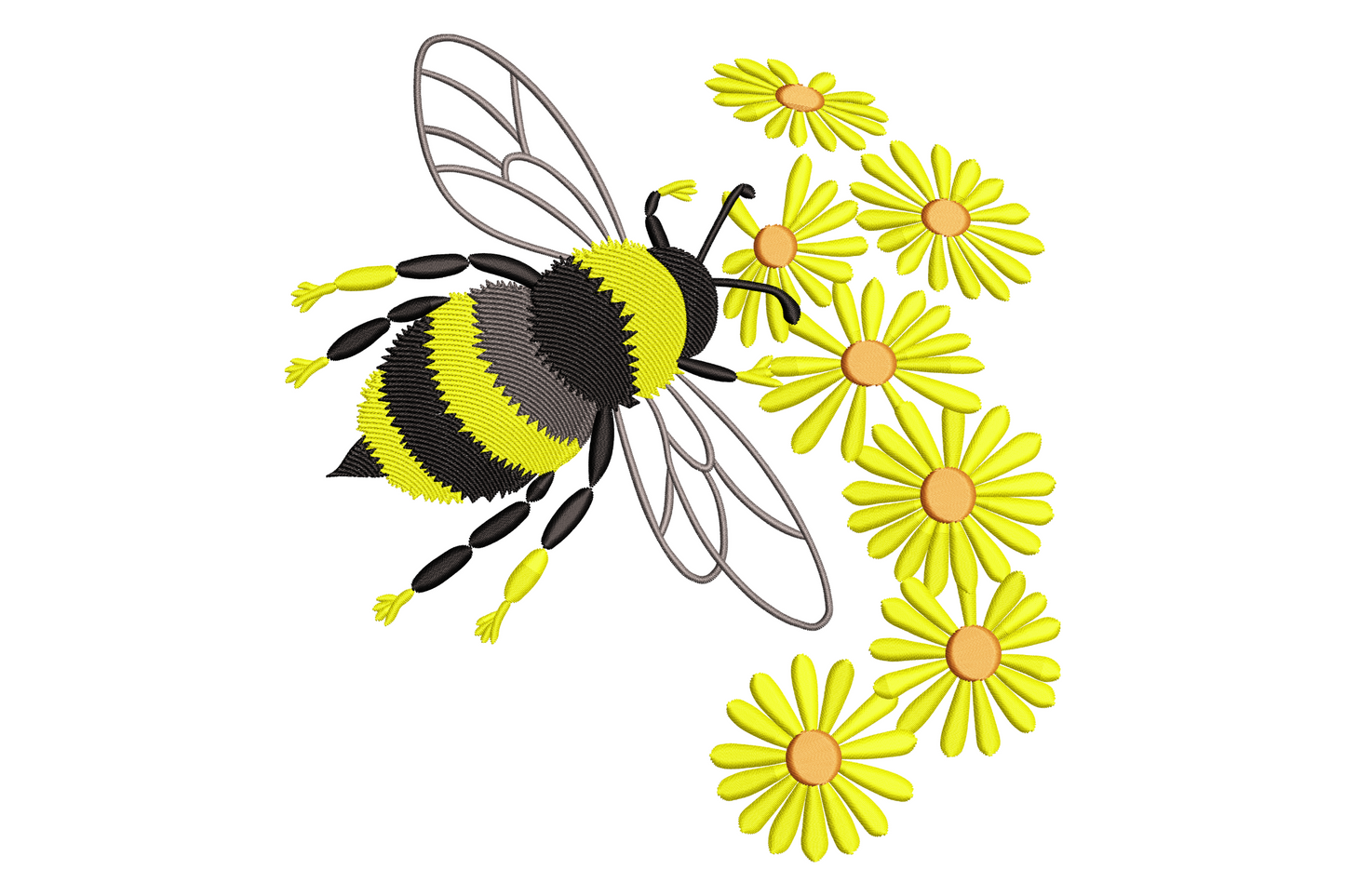 Bee and daisy embroidery design with plump yellow and black bumblebee hovering above a cluster of bright yellow daisy flowers.