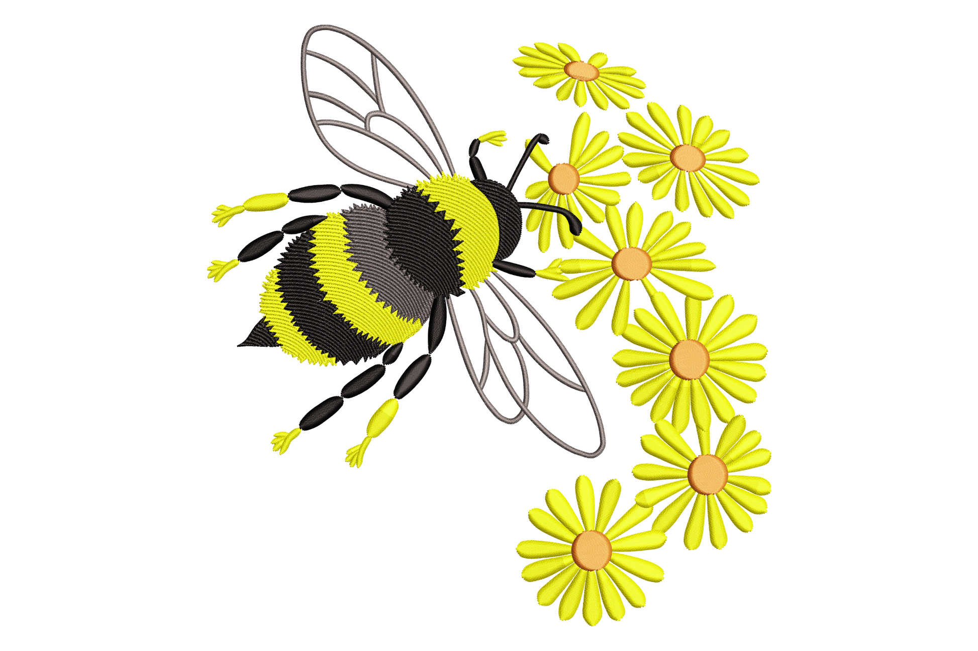 Bee and daisy embroidery design with plump yellow and black bumblebee hovering above a cluster of bright yellow daisy flowers.