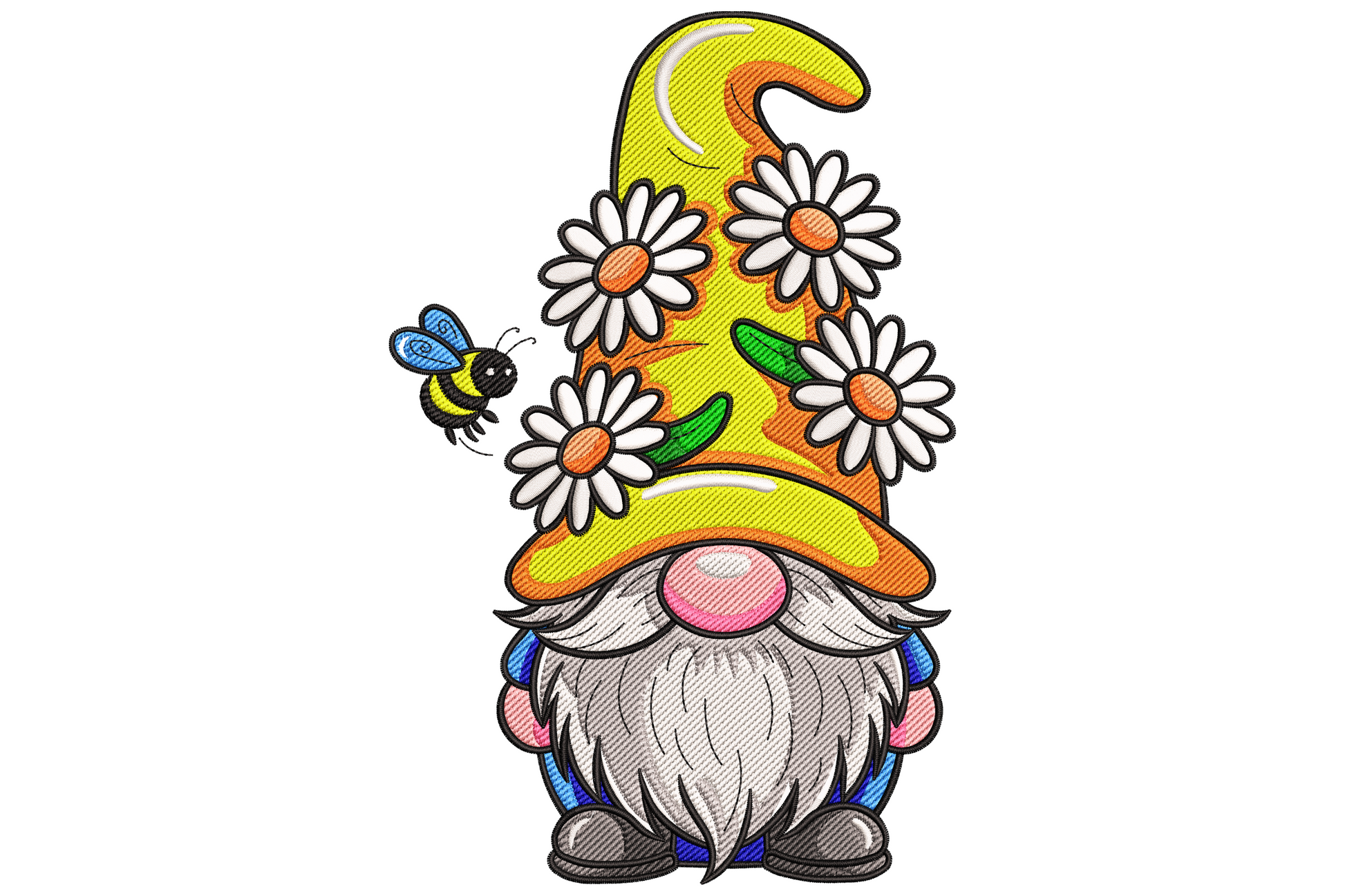 Spring gnome with tall yellow hat, white daisies with orange centres, and a small blue-winged bee hovering nearby.