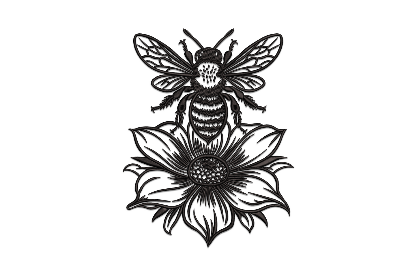 Single colour bee and flower embroidery design with bee perched on open bloom petals, directional satin stitching throughout