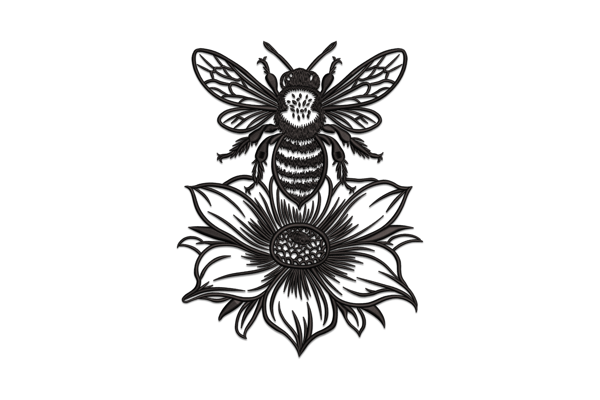 Single colour bee and flower embroidery design with bee perched on open bloom petals, directional satin stitching throughout