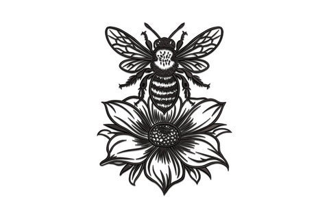 Single colour bee and flower embroidery design with bee perched on open bloom petals, directional satin stitching throughout