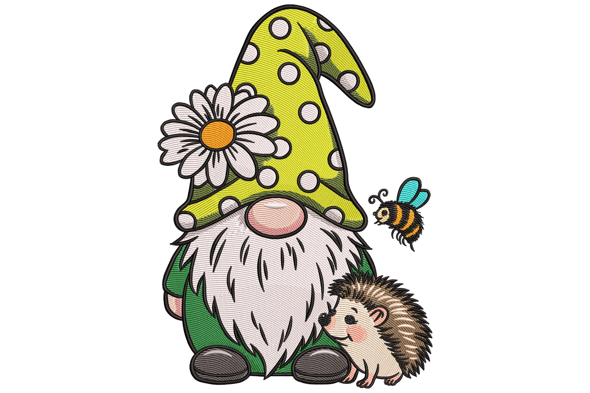 Spring gnome with chartreuse polka-dot hat, white daisy, hovering amber bee, and a small plump hedgehog at his feet.