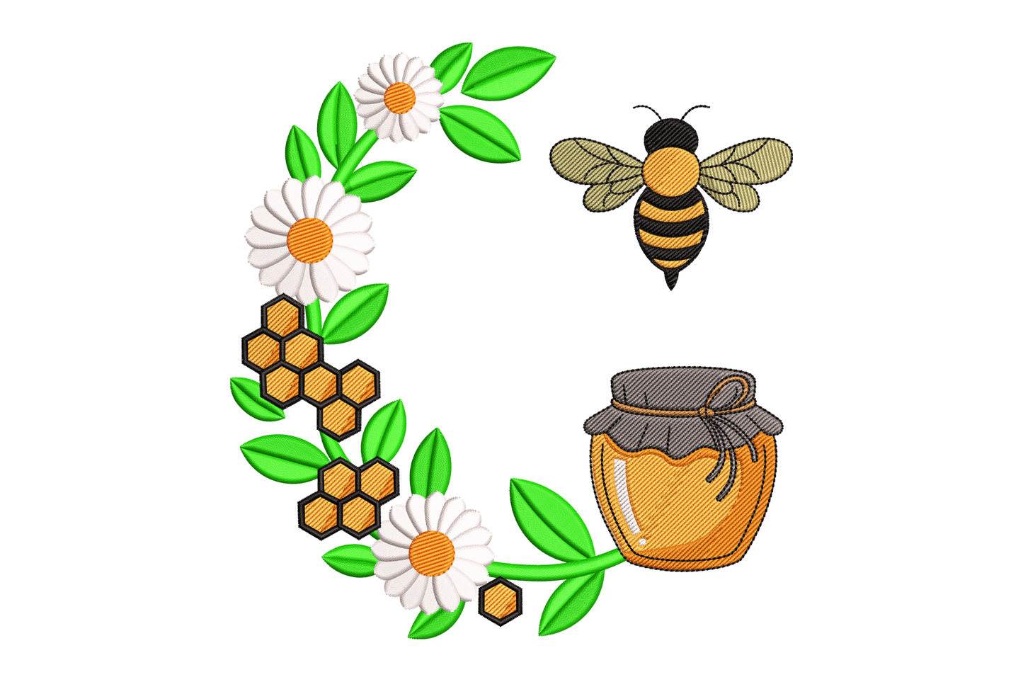 Bee and Honey Jar Floral Wreath Embroidery Design
