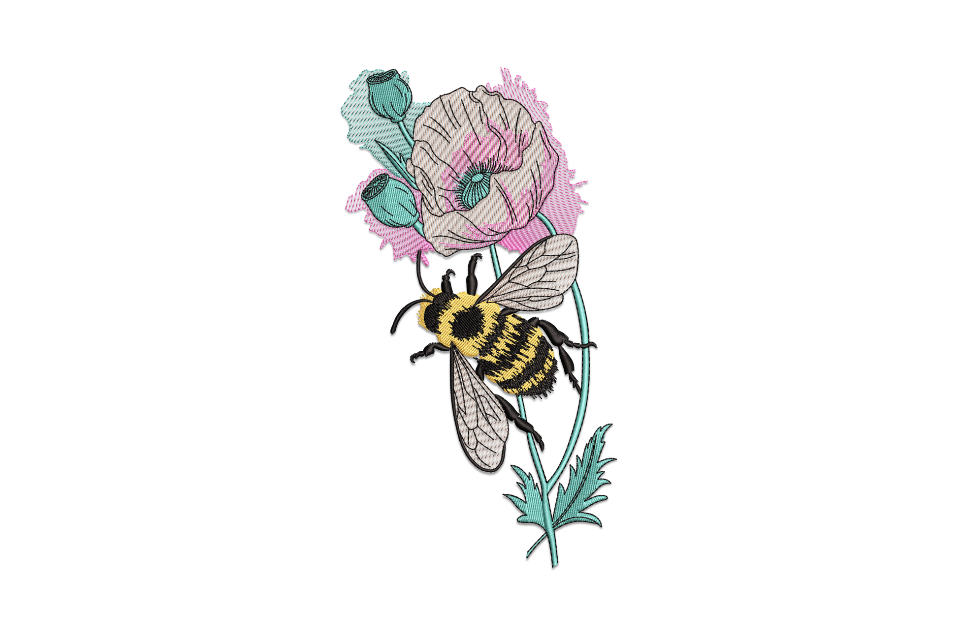 Bee and poppy flower embroidery design, bumblebee perched on open red poppy with green stem, spring botanical style