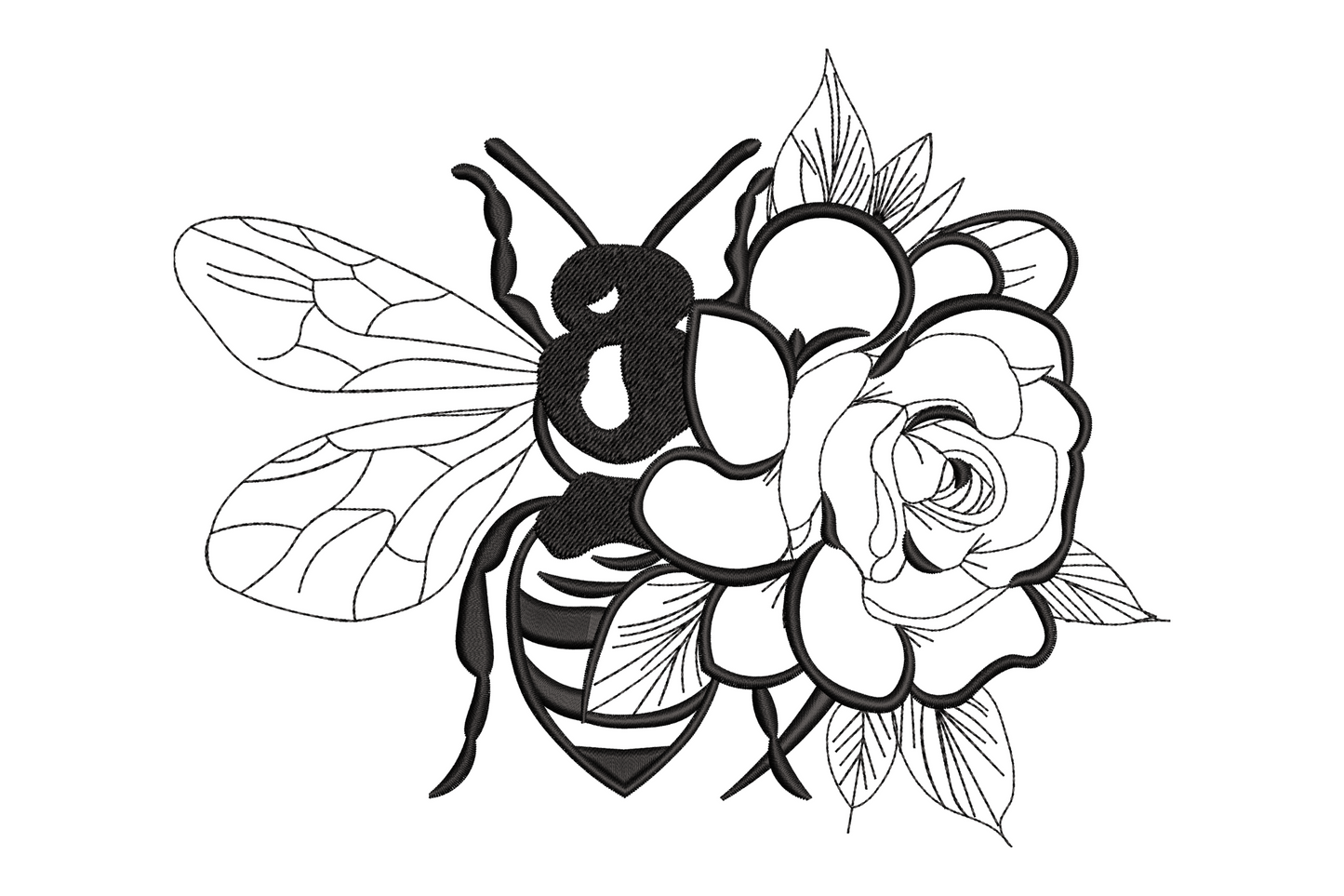 Bee and rose line art embroidery design with satin bee body in centre of large open rose with leaf cluster in black thread