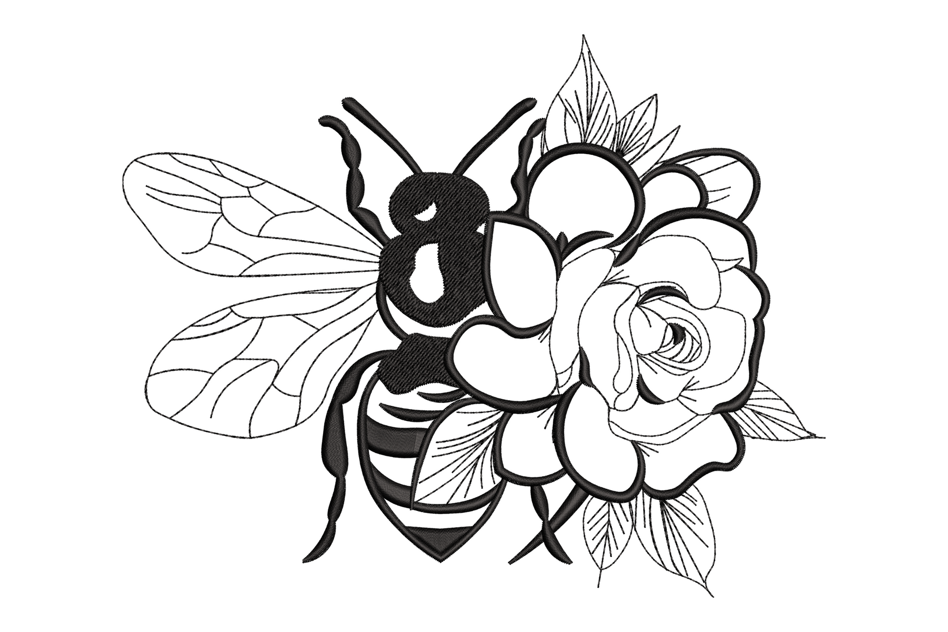 Bee and rose line art embroidery design with satin bee body in centre of large open rose with leaf cluster in black thread