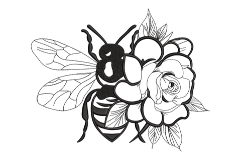 Bee and rose line art embroidery design with satin bee body in centre of large open rose with leaf cluster in black thread