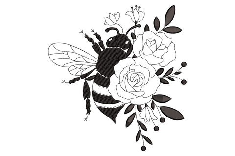 Bee and roses embroidery design, monochrome bumblebee in satin fill surrounded by open roses, buds and wildflower sprigs.