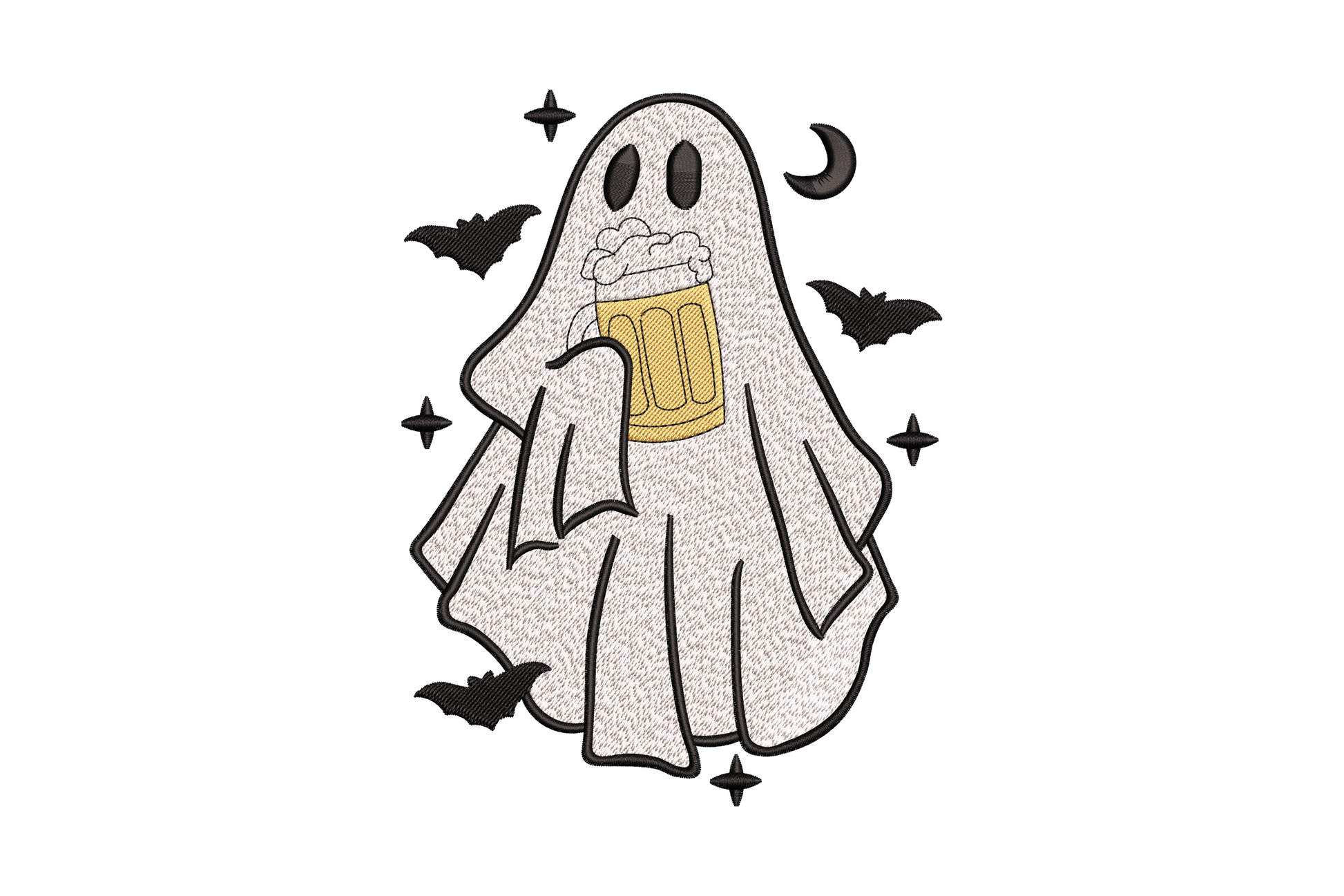 Beer ghost halloween embroidery with white round ghost holding amber beer mug, black bats and crescent moon surrounding it.