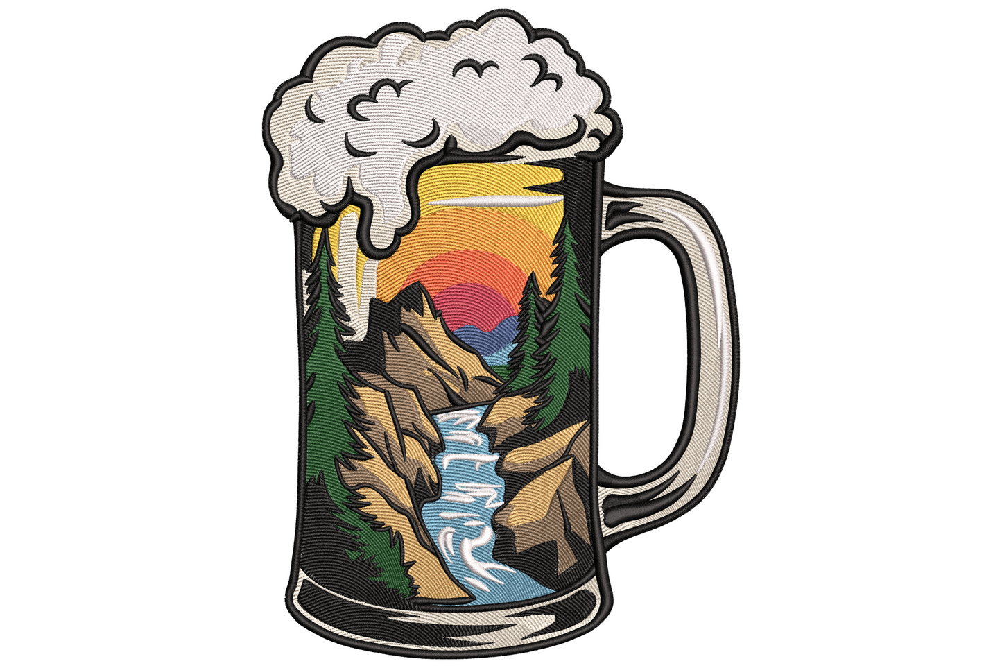 Beer mug embroidery design with foam spilling over a mountain sunset scene with peaks, river canyon and pines inside.