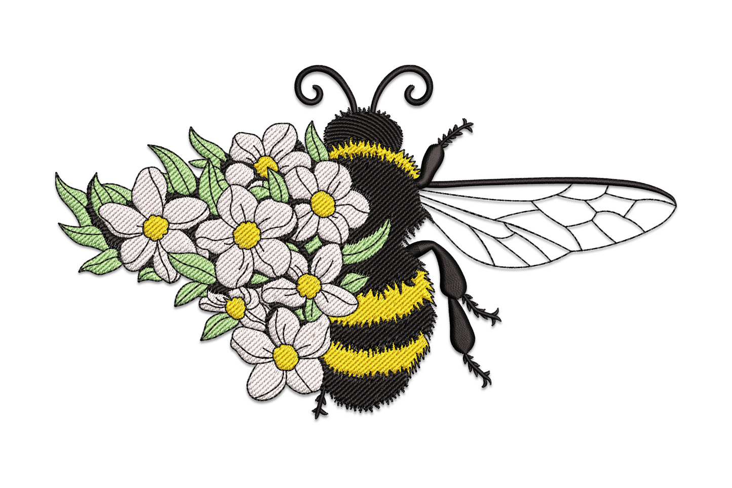 Bee with daisy flowers embroidery design, amber bee in white daisies with sage leaves, spring machine embroidery.