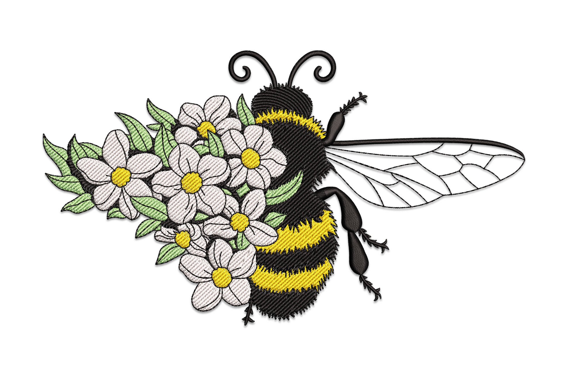 Bee with daisy flowers embroidery design, amber bee in white daisies with sage leaves, spring machine embroidery.