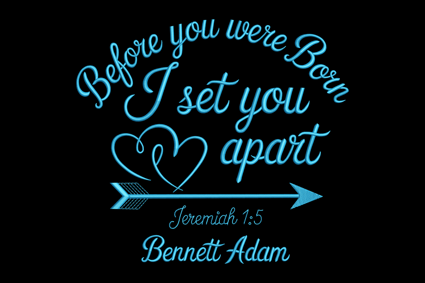 Blue text with an arrow and heart design on a black background