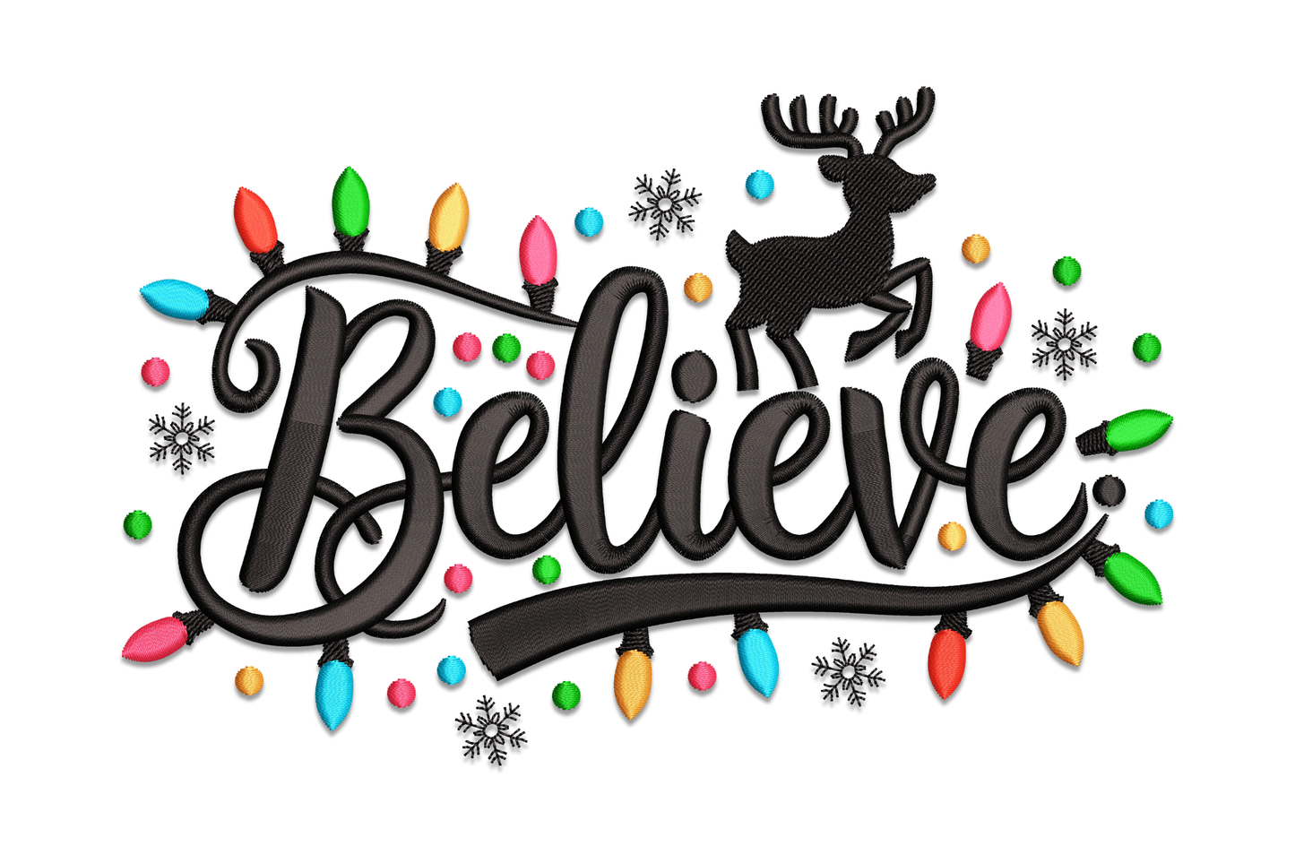 Believe christmas embroidery design with hand-lettered script, coloured string lights, snowflakes and a leaping reindeer silhouette.