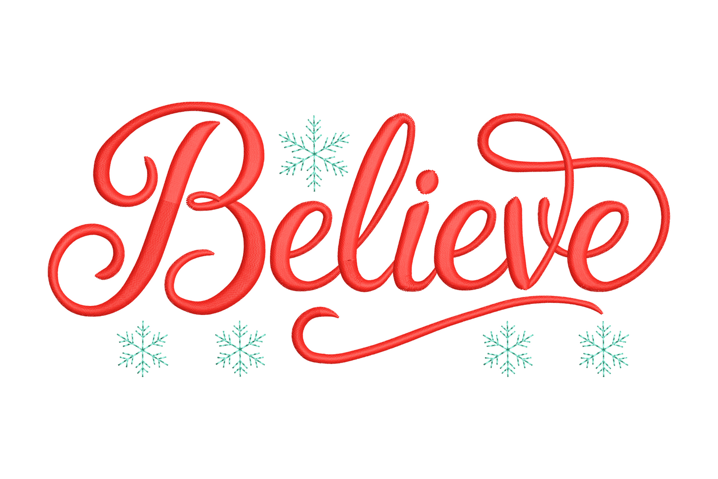 BELIEVE Christmas word embroidery in bold satin capitals with small star dot accents, festive holiday lettering design