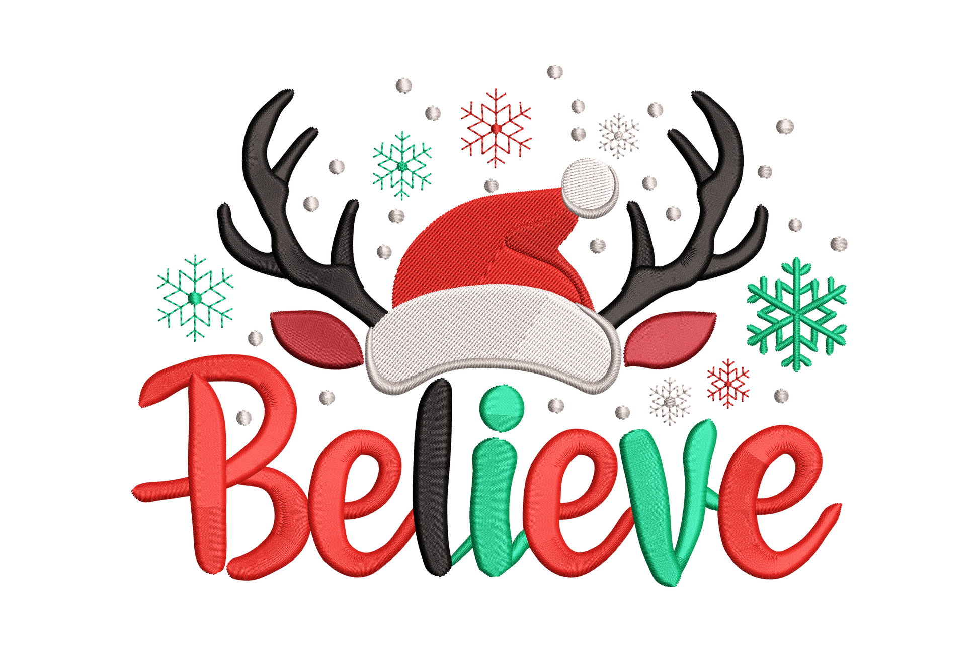 Believe Christmas embroidery design with bold red letters, reindeer antlers, Santa hat, and scattered teal and red snowflakes