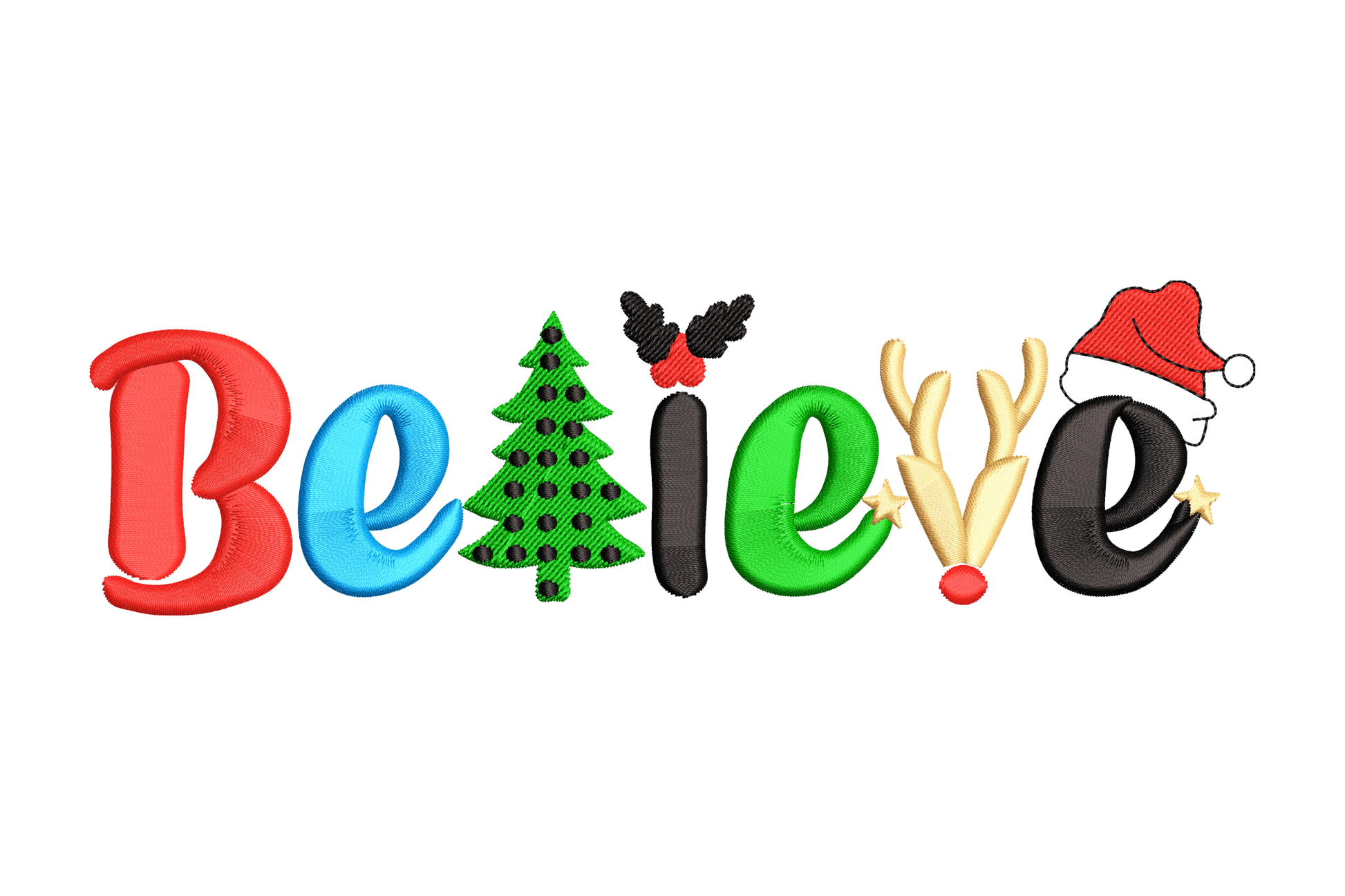Believe Christmas word art embroidery design with vertical lettering and holiday motifs in deep emerald and cherry red on cream fabric.