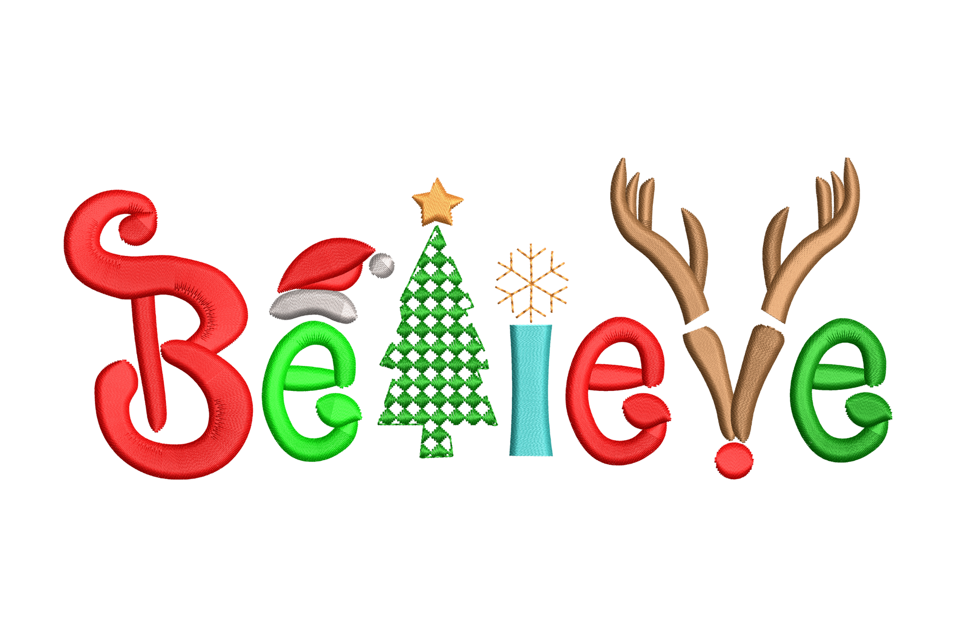Believe christmas word embroidery, chunky letters with santa hat, tree, snowflake and reindeer antlers, 5 sizes 7 colours