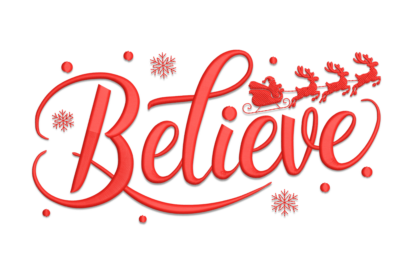Handlettered cursive script spelling Believe in tall vertical proportions, Christmas word machine embroidery design, single colour, 5 sizes from 1.7 to 3.7 inches wide