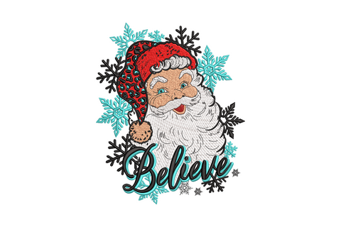 Believe Santa machine embroidery design with vintage Santa face, teal snowflakes border and flowing script lettering, 6 colours on white background