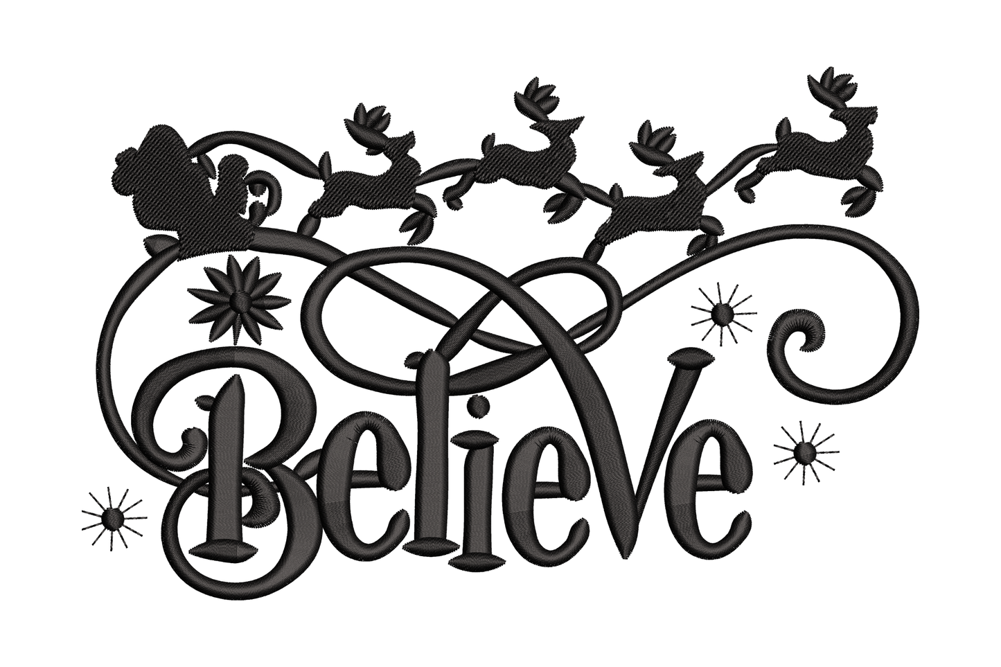 Believe Santa sleigh script embroidery design, elegant flowing script lettering with small sleigh silhouette, single colour, 5 sizes